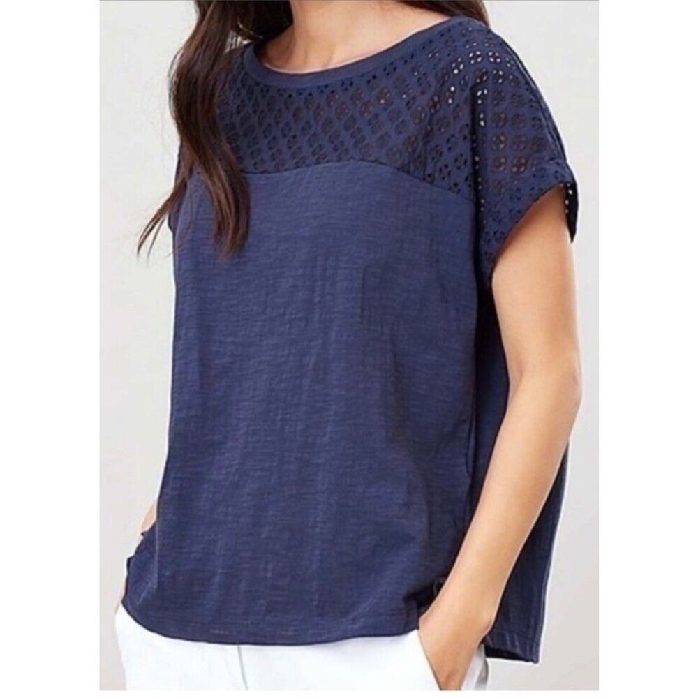 Joules Size 4 Cassi Cotton Top Short Sleeve Relaxed Eyelet Tee Navy Blue